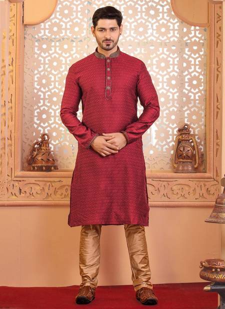 Red Colour TRENDY FEEL New Latest Poly Jacquard Fesive Wear Kurta Pajama Mens Collection TDY-KP-2